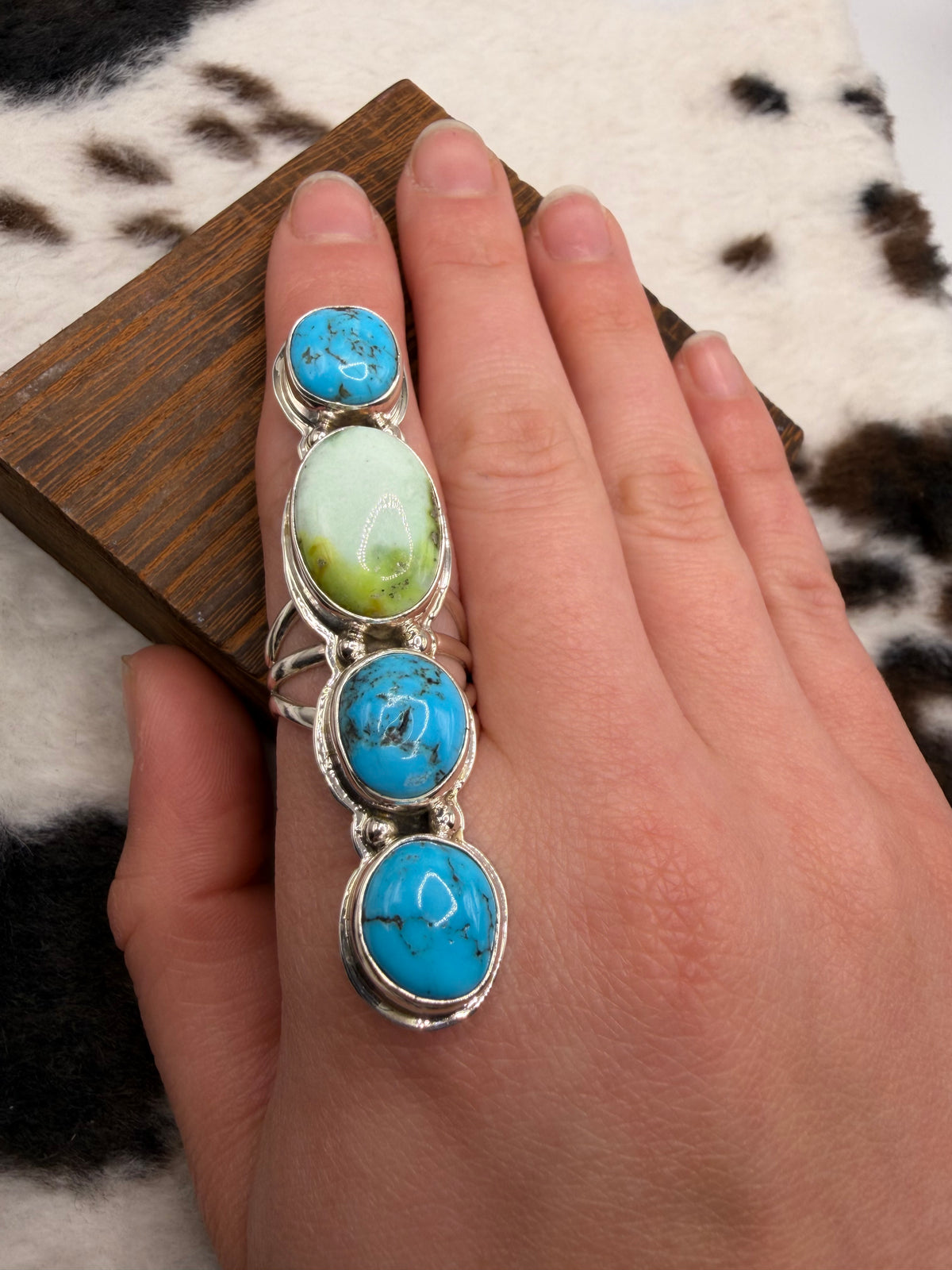 Navajo Handmade Palomino and Kingman Turquoise Crawler Ring by Junior Begay Size 8