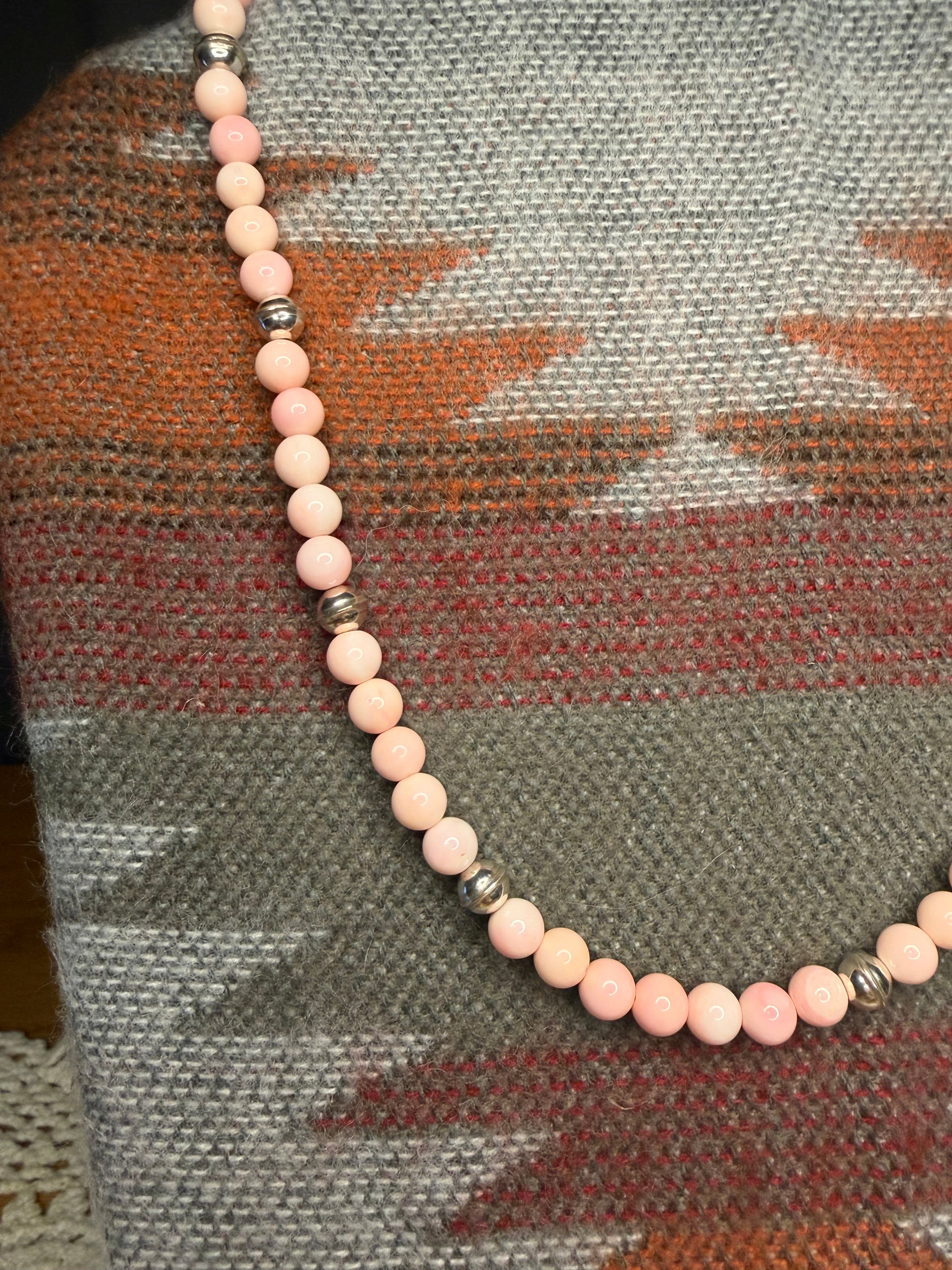 Navajo Made Pink Conch and Seamed Pearl Beaded Necklace by Naomi Garcia