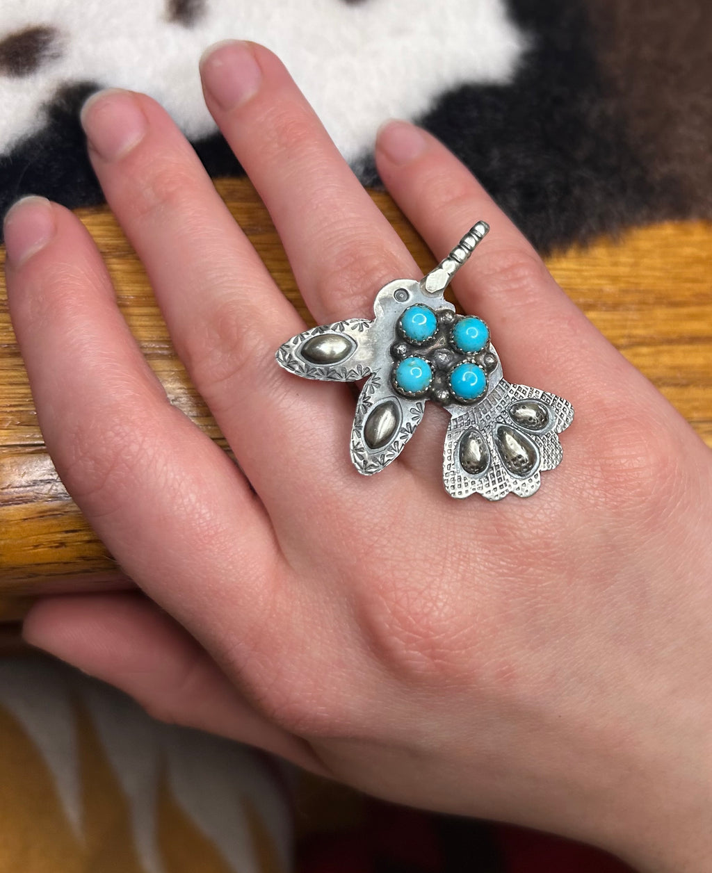Navajo Handmade Turquoise Humming Bird Ring Adjustable by Tim Yazzie