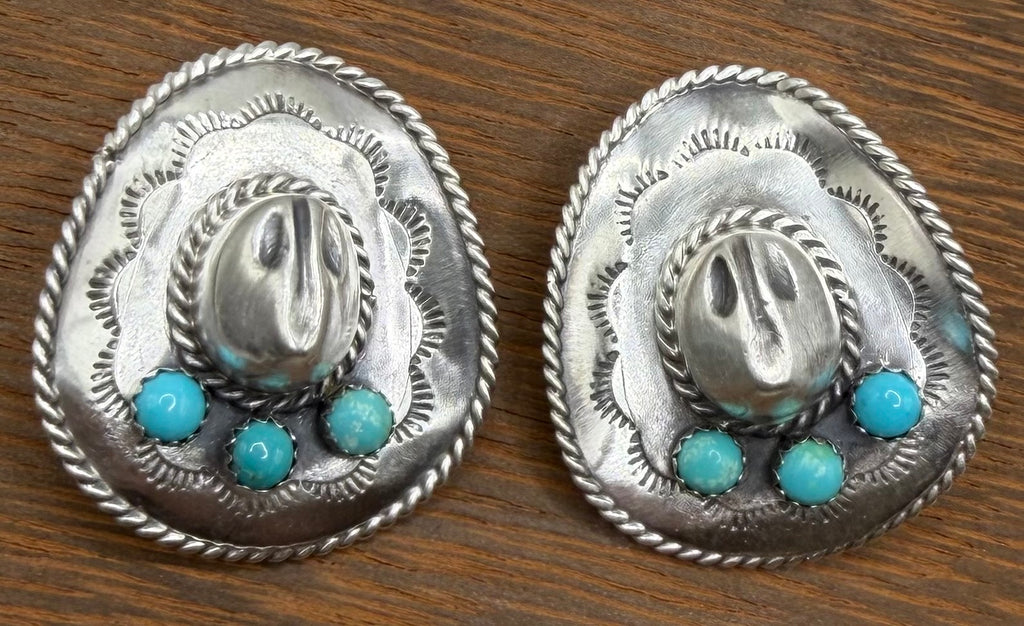 Navajo Made Kingman Turquoise Cowboy Hat Earrings by Bobby Platero