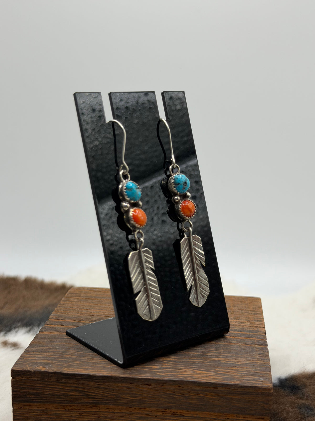 Navajo Made Turquoise & Spiny Oyster Shell Feather Earrings by Lorena Brown