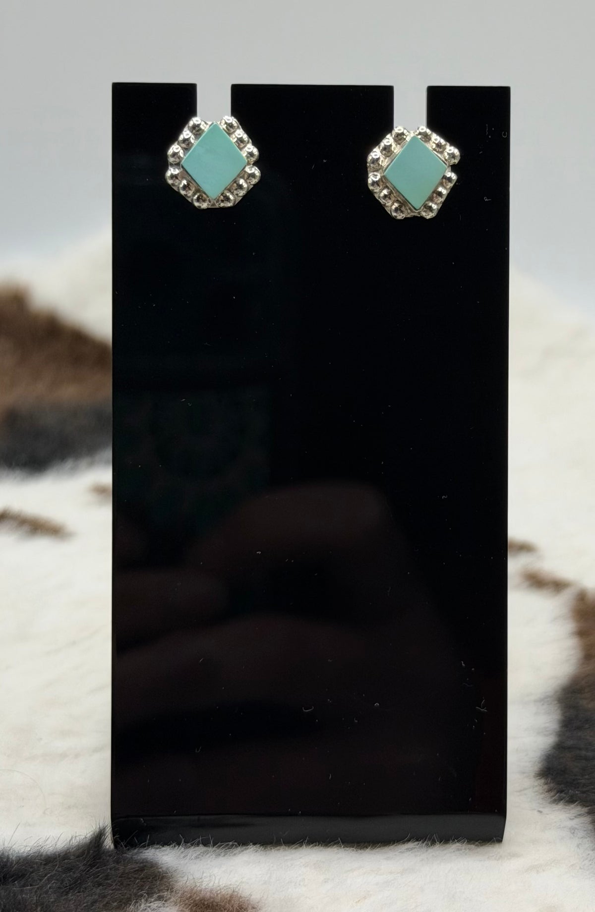 Zuni Handmade Turquoise Diamond Shape Stud Earrings by Dustin Bobela