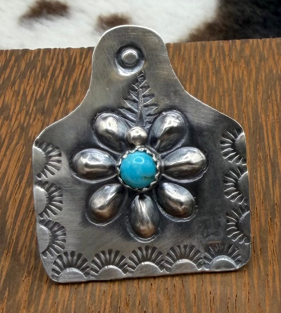Navajo Made Adjustable Cattle Tag Turquoise Ring by Gabrielle Yazzie