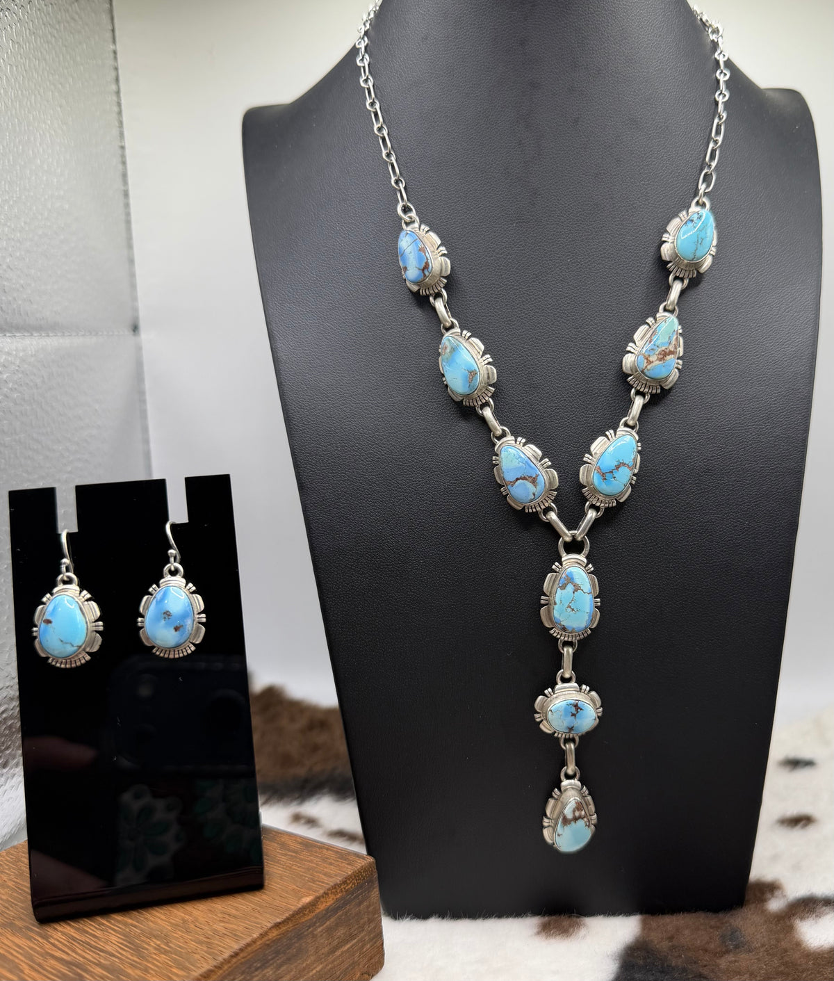 Navajo Handmade Golden Hills Lariat and Earring set by Larry M Yazzie
