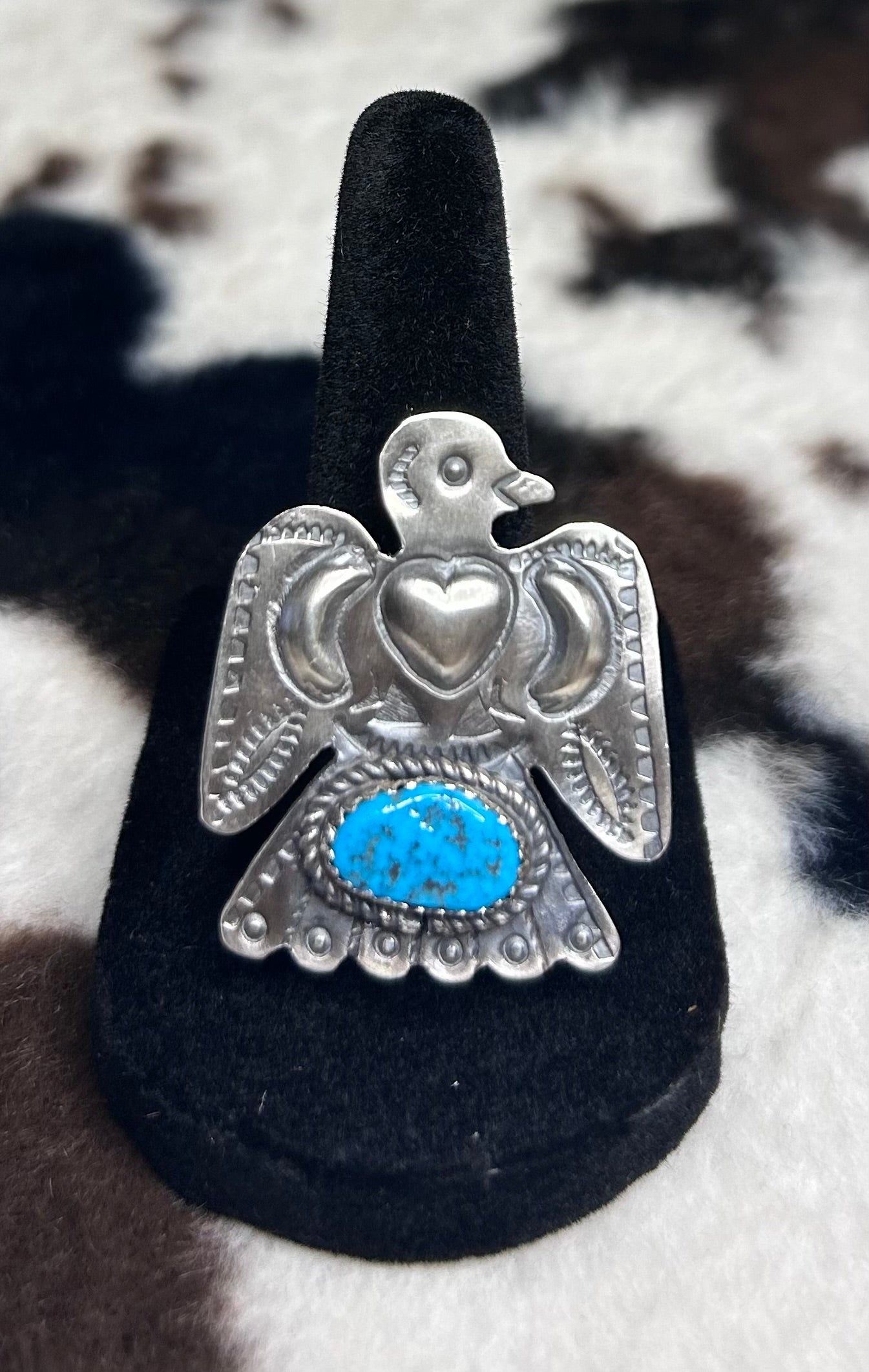 Navajo Handmade Turquoise Thunderbird Ring Adjustable by Tim Yazzie