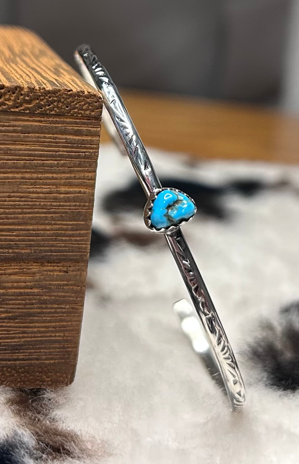 Navajo Handmade Sleeping Beauty Stamped Cuff by Jeanette Yazzie