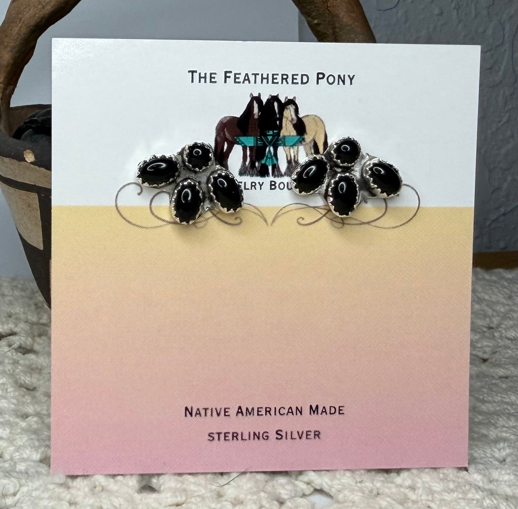 Navajo Handmade Black Onyx Half Cluster Earrings by Maxine Ramirez