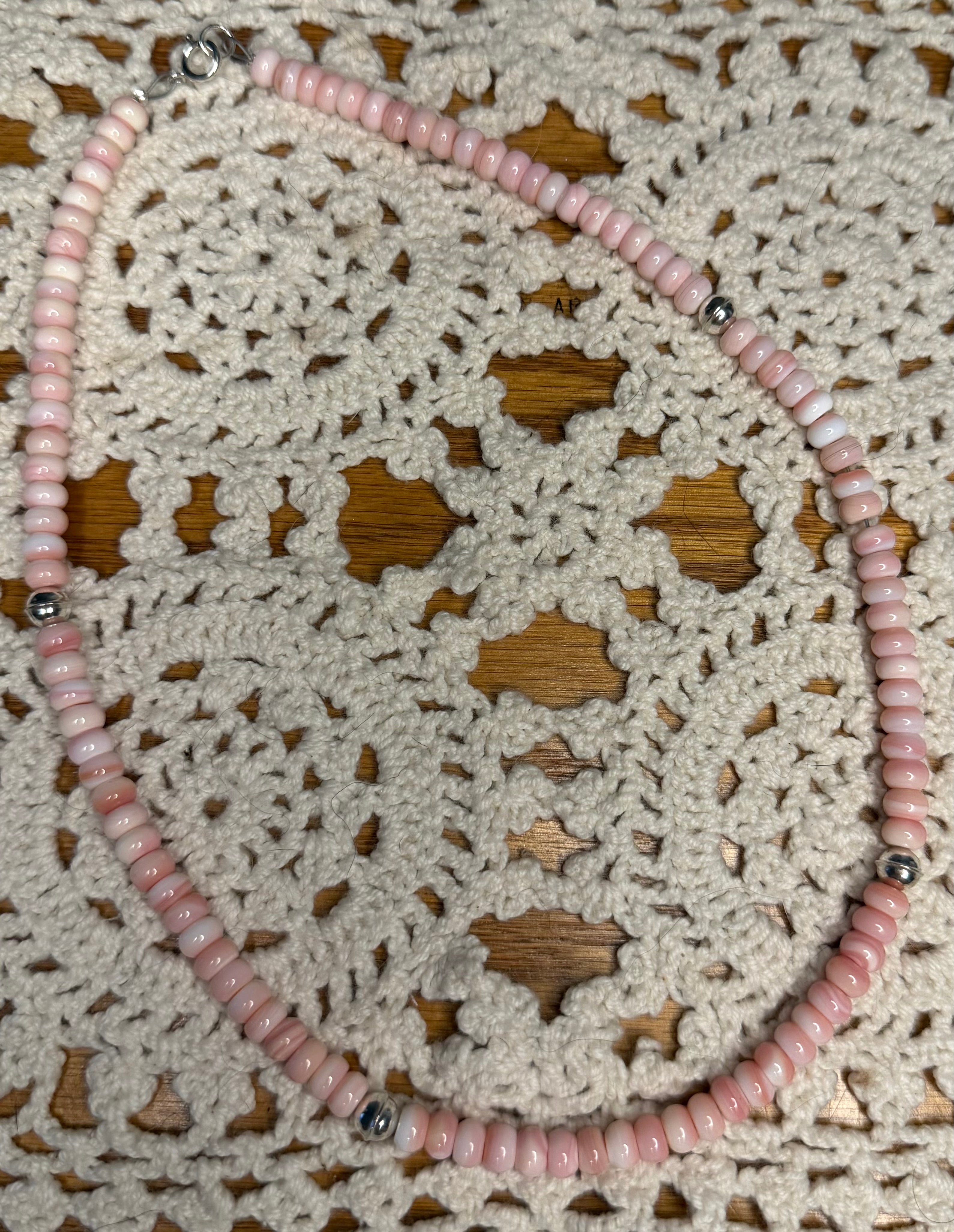 Navajo Made Pink Conch and Seamed Pearl Beaded Necklace 6mm 18” by Gerald Benally
