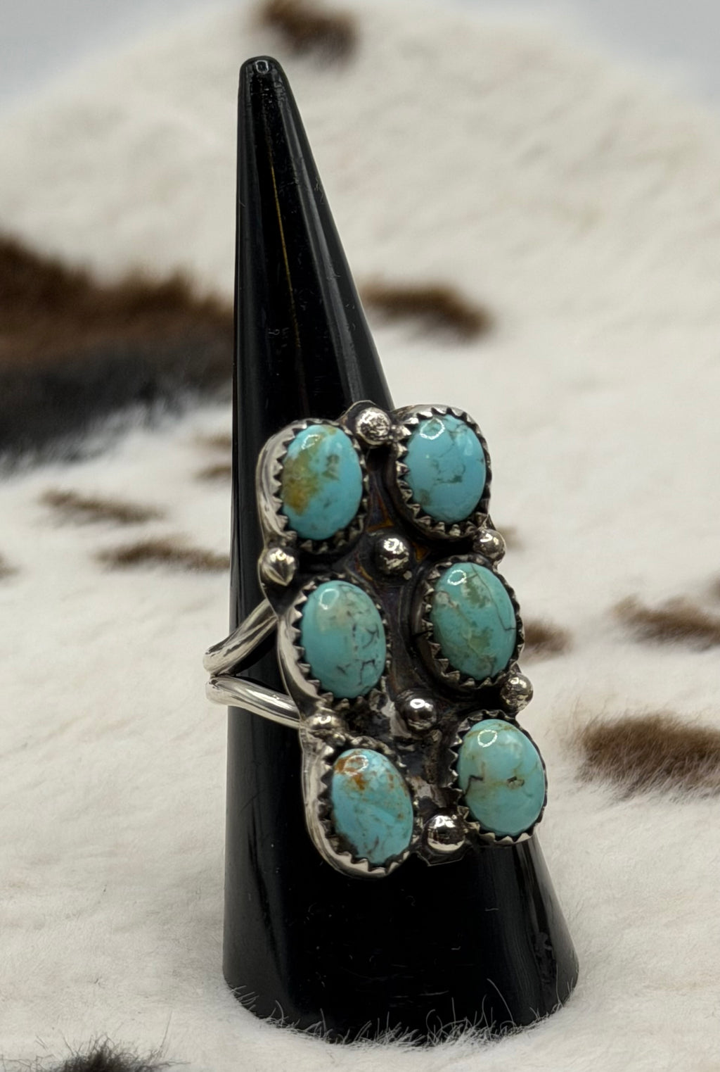 Navajo Handmade 6 Stone Kingman Turquoise Ring by Esther Spencer Size 8