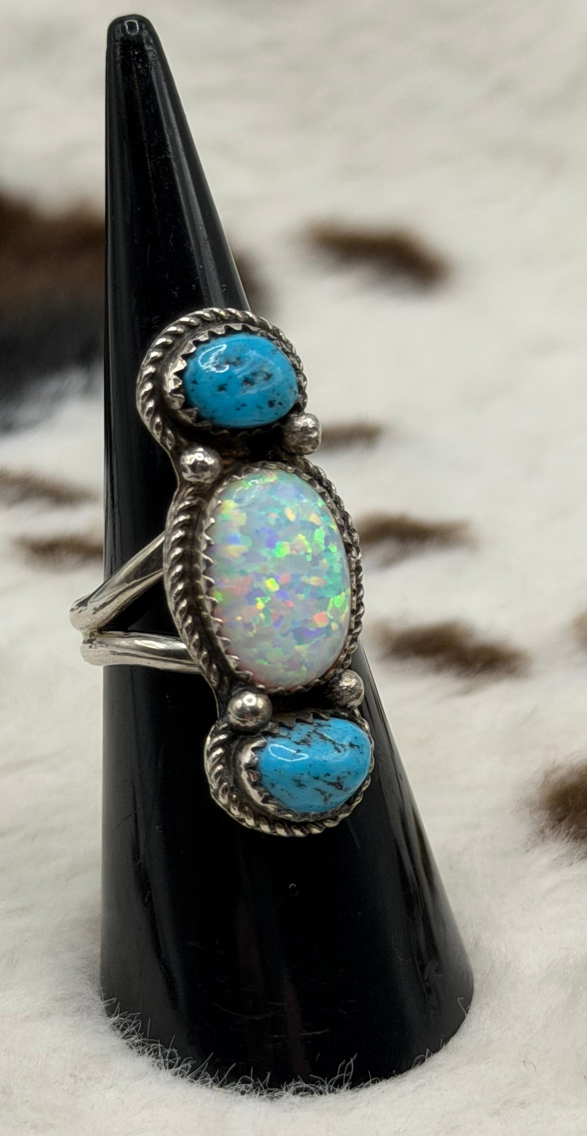 Navajo Handmade Sleeping Beauty and Opal ring by David Morris Size 6.5