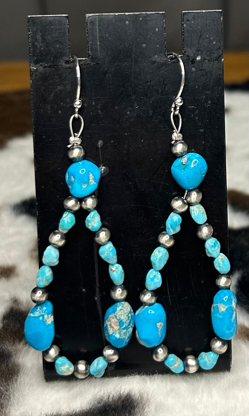 Sterling Silver Machine Made Pearl and Turquoise Hoop Earrings