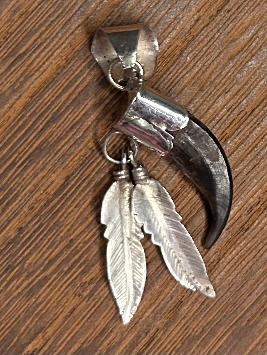 Navajo Handmade Coyote Claw Pendant with Turquoise by Ernest Hawthorne