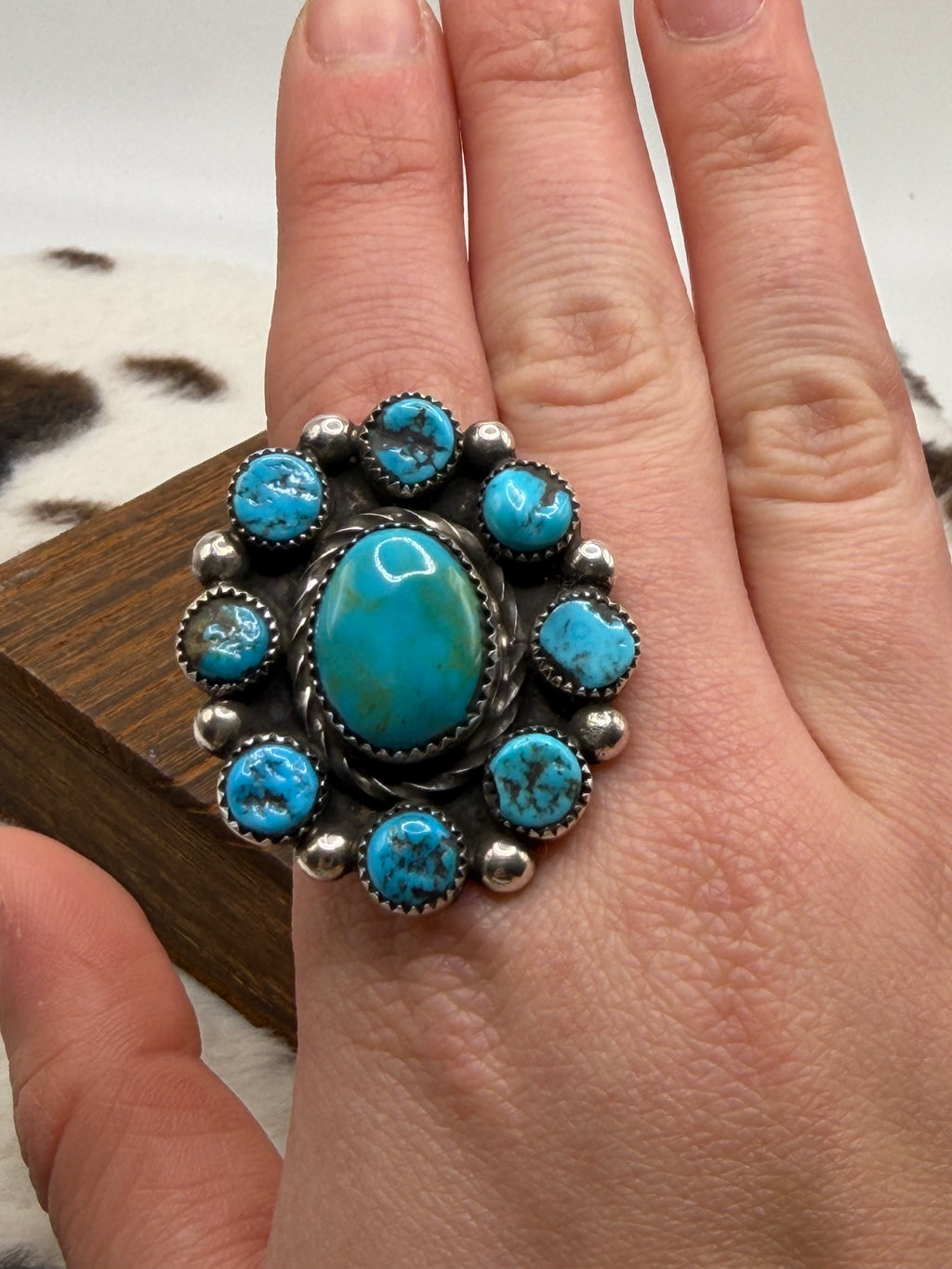 Navajo Handmade Kingman Cluster adjustable rings by Vinson Belone
