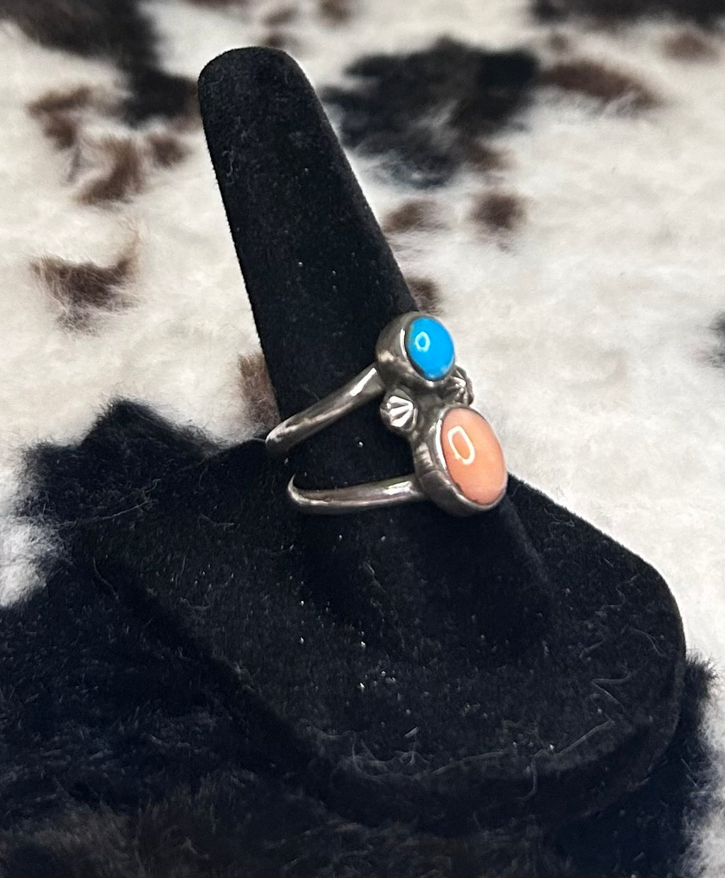 Navajo Handmade Pink Coral and Turquoise Ring by Adrian Yazzie