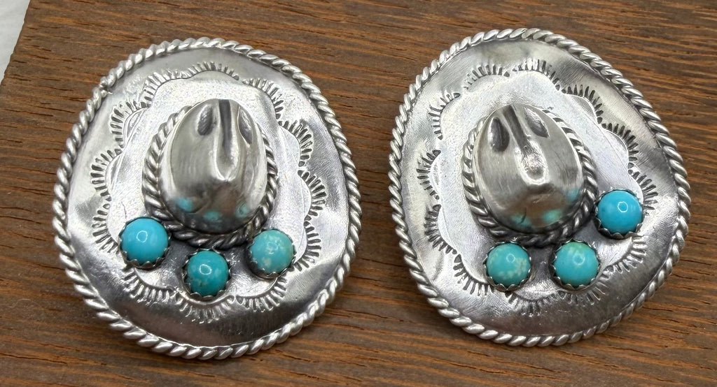 Navajo Made Kingman Turquoise Cowboy Hat Earrings by Bobby Platero