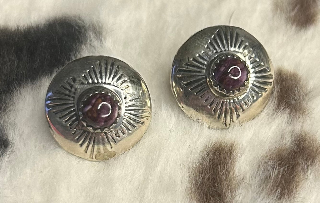 Navajo Handmade Purple Spiny Oyster Shell earrings by Lawrence Begay