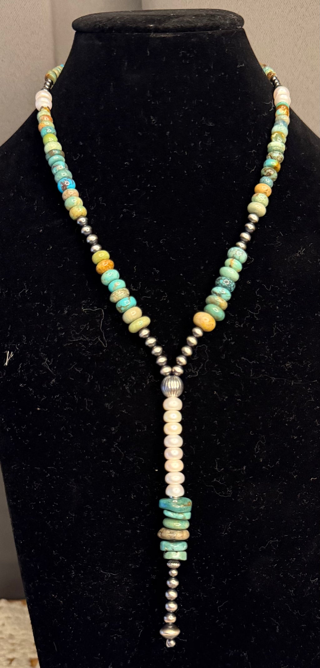 Machine Made Pearl, Turquoise, and Pearl Lariat Necklace