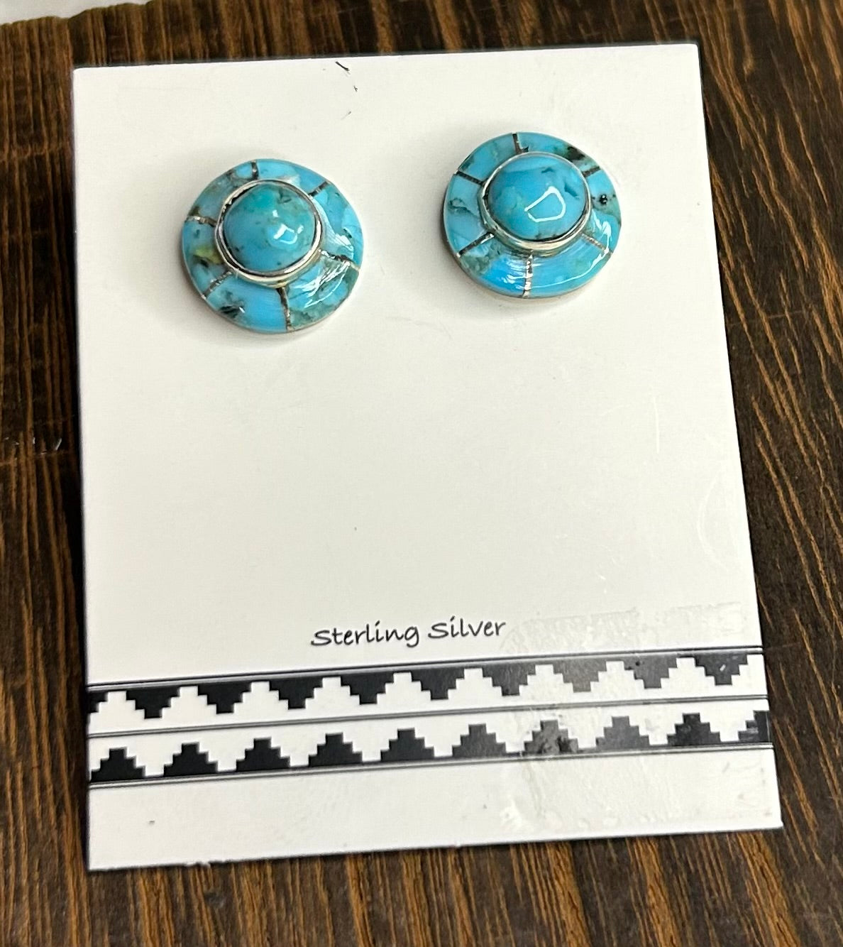 Navajo Handmade Kingman Turquoise Inlay Stud Earrings by Valarie Benally
