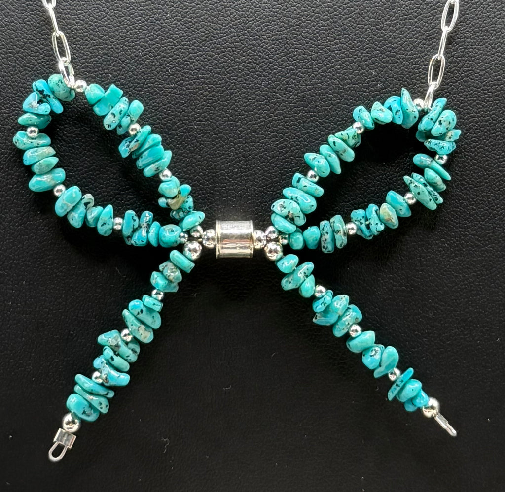 Navajo Handmade Bow Machine Made pearl and Turquoise Necklace by Larry Curley