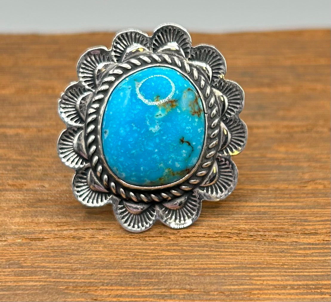 Kingman Turquoise Navajo Handmade Ring Size 7 by Junior Begay
