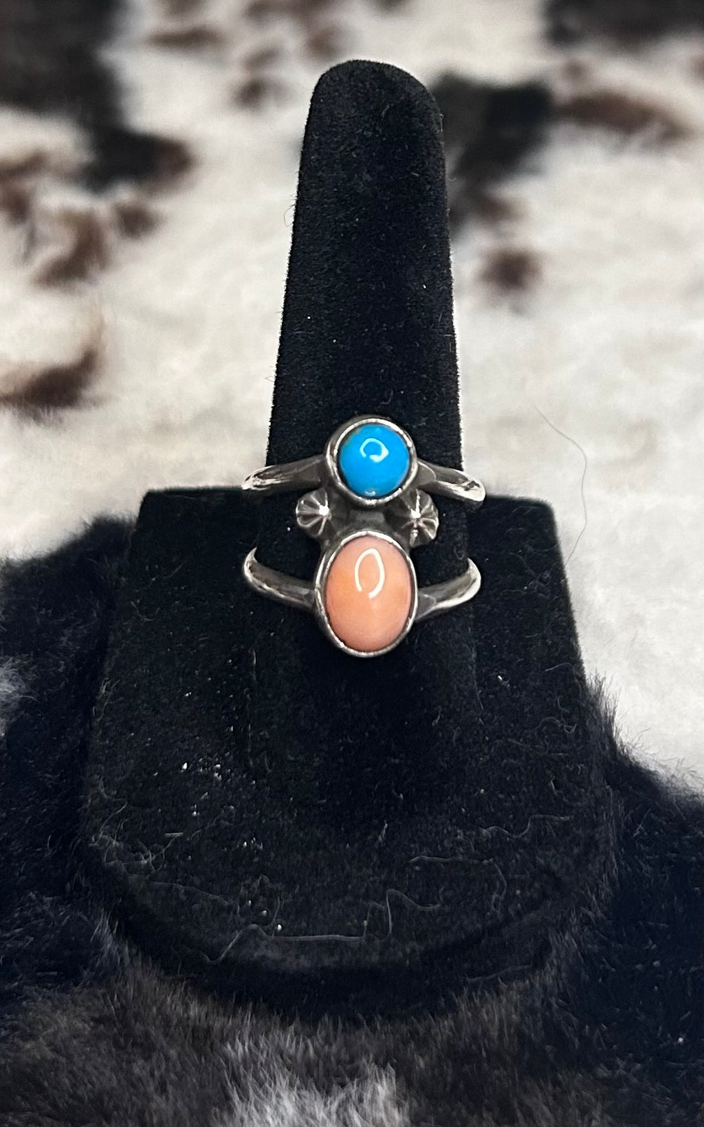Navajo Handmade Pink Coral and Turquoise Ring by Adrian Yazzie