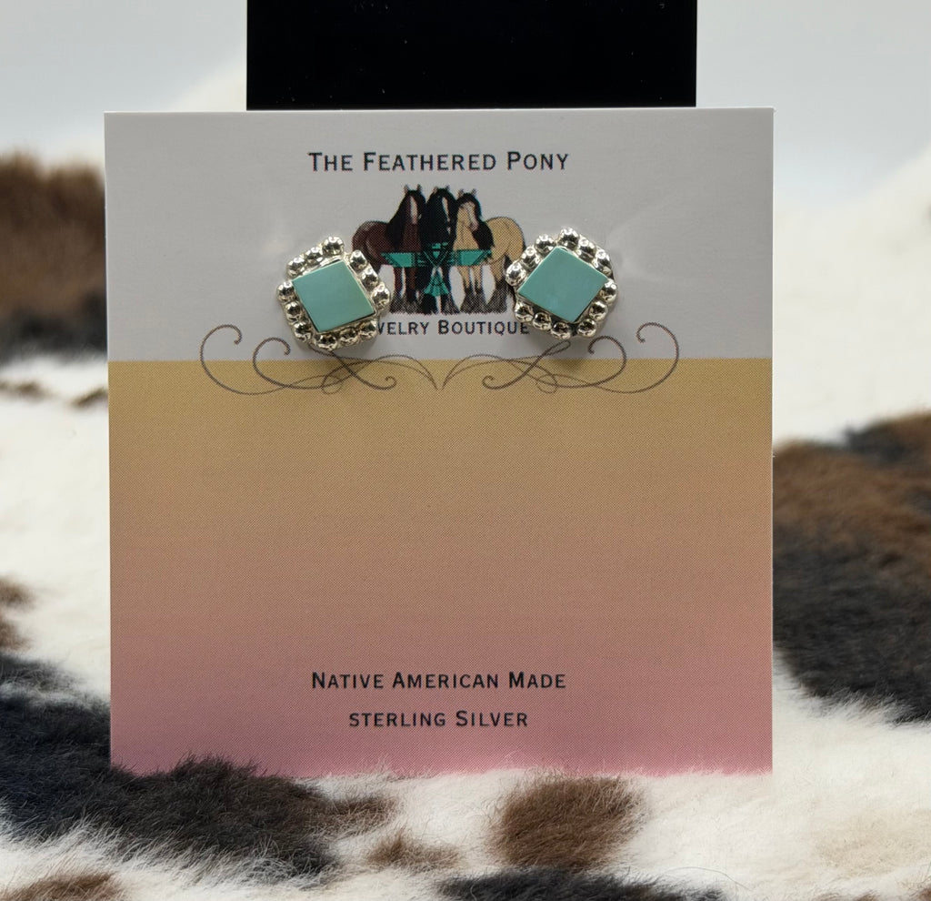 Zuni Handmade Turquoise Diamond Shape Stud Earrings by Dustin Bobela