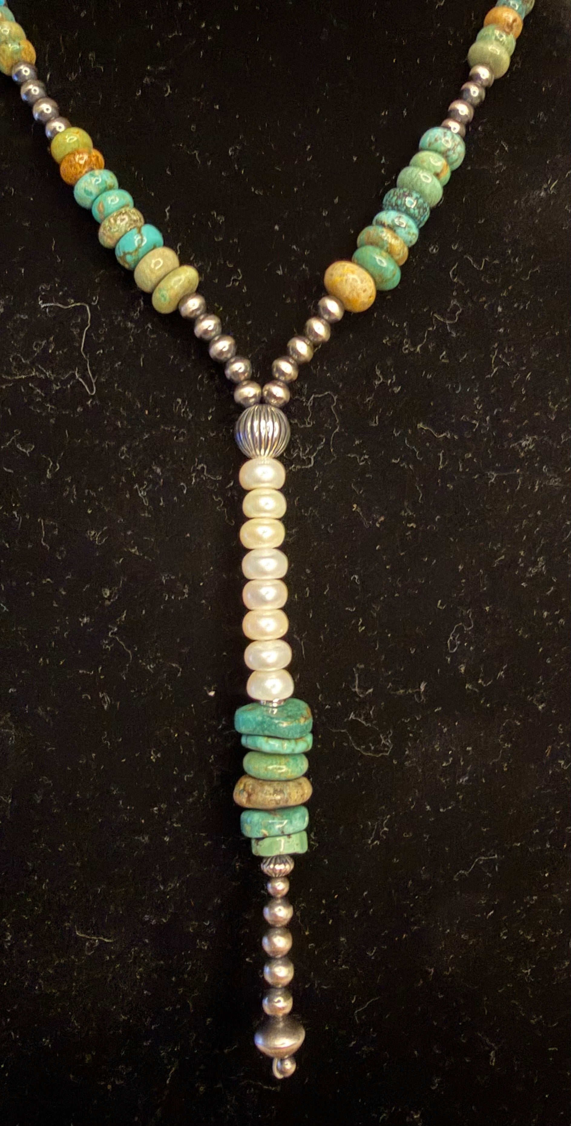 Machine Made Pearl, Turquoise, and Pearl Lariat Necklace