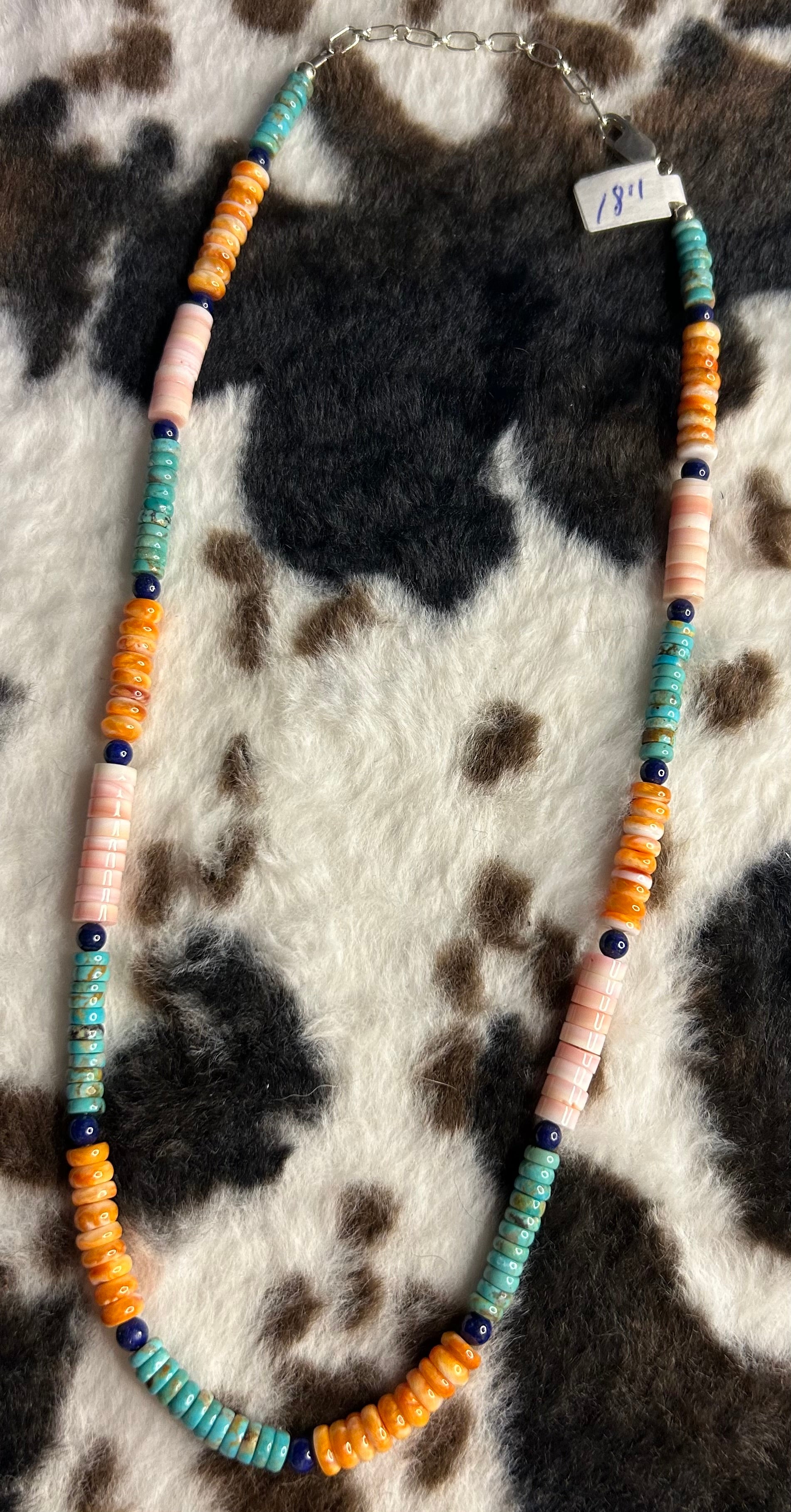 Pink conch, Oyster Shell, Turquoise Beaded necklace 18” on a 2 inch extender