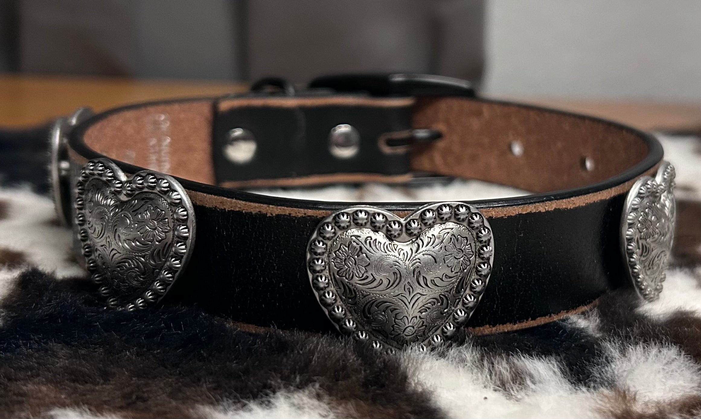 Genuine Distressed Leather Dog Collar with Heart Conchos