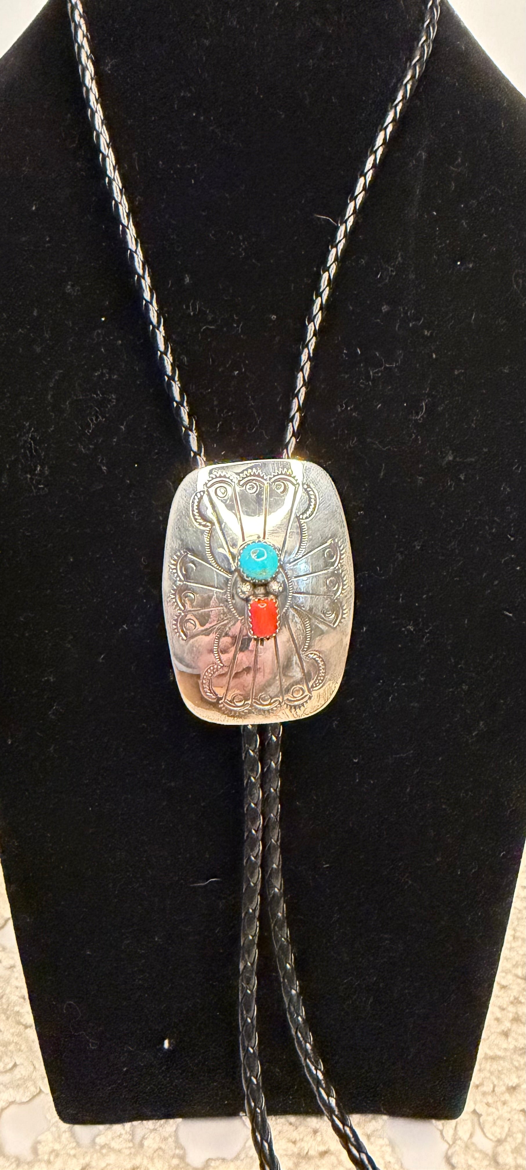 Navajo Handmade Coral and Turquoise Bolo Tie by Joan Begay