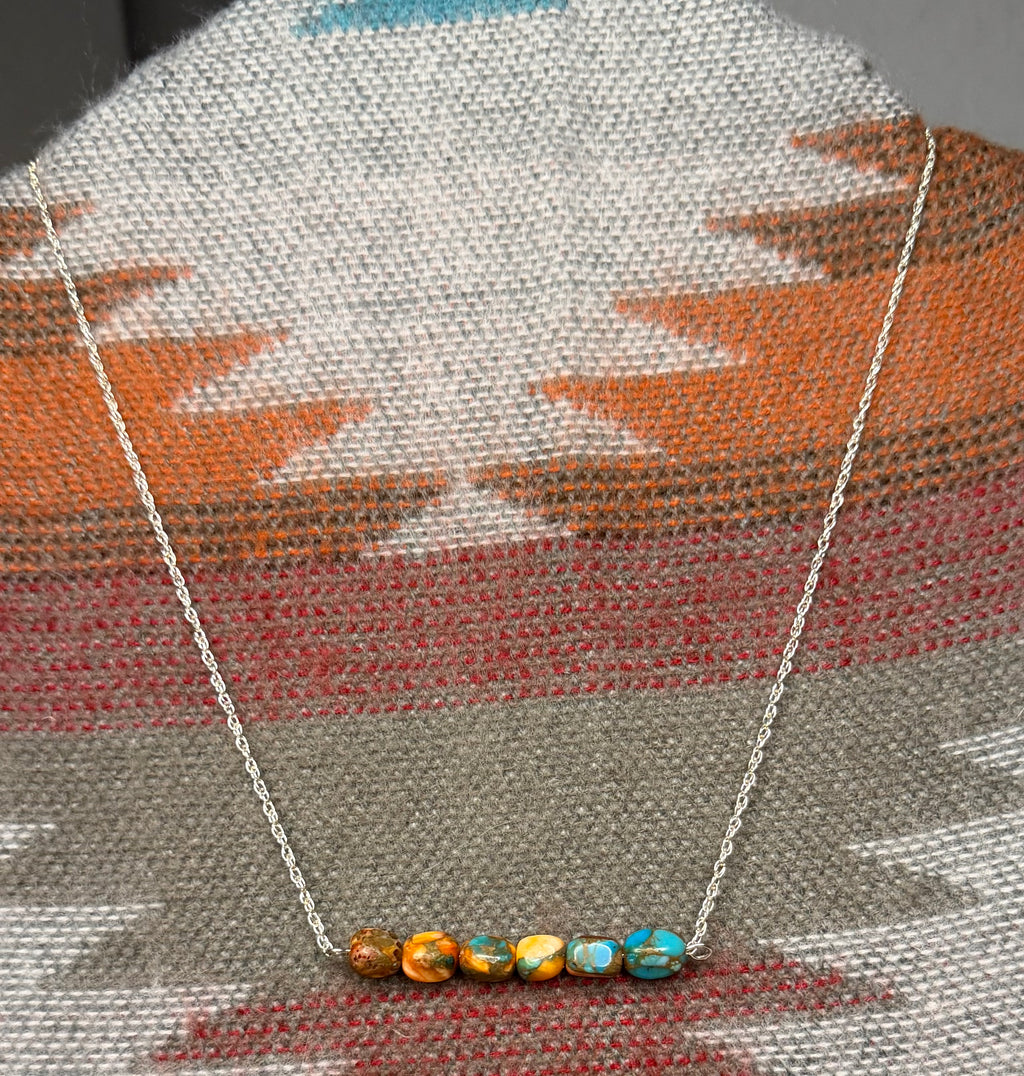 Navajo Made Spiny oyster with Turquoise 6 stone bar necklace by Valarie Johnson