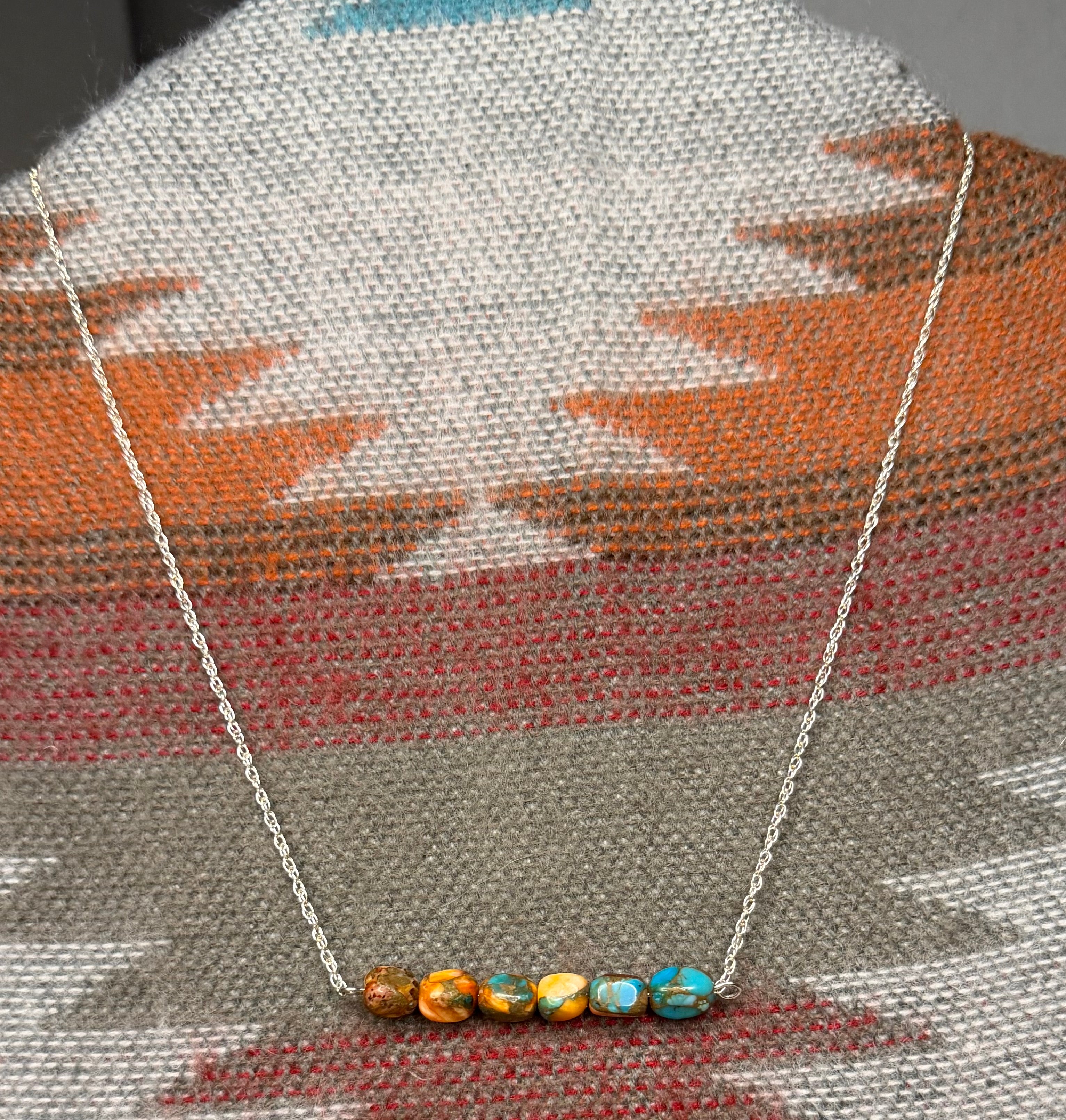 Navajo Made Spiny oyster with Turquoise 6 stone bar necklace by Valarie Johnson