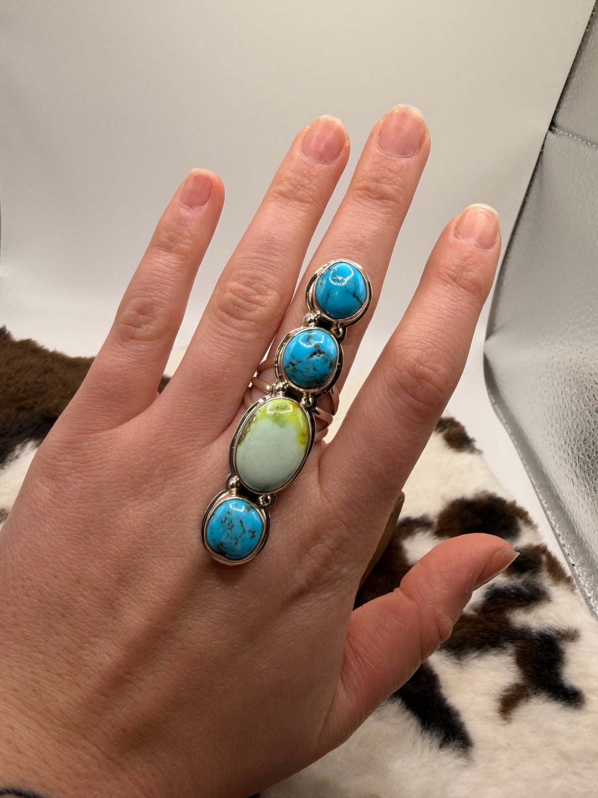 Navajo Handmade Palomino and Kingman Turquoise Crawler Ring by Junior Begay Size 8