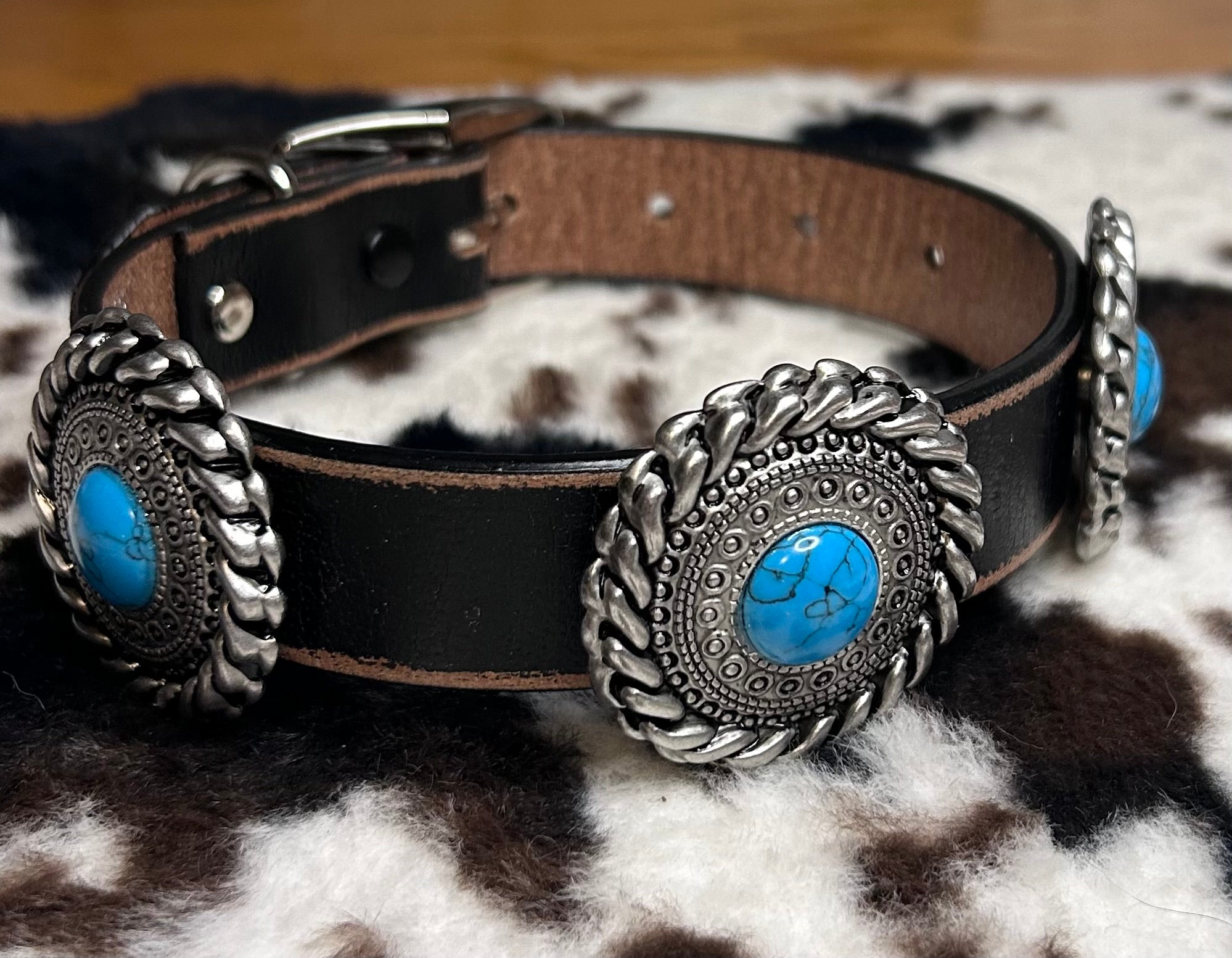 Genuine Distressed Leather Dog Collar with Western Round Concho