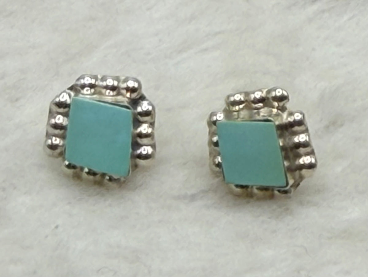 Zuni Handmade Turquoise Diamond Shape Stud Earrings by Dustin Bobela