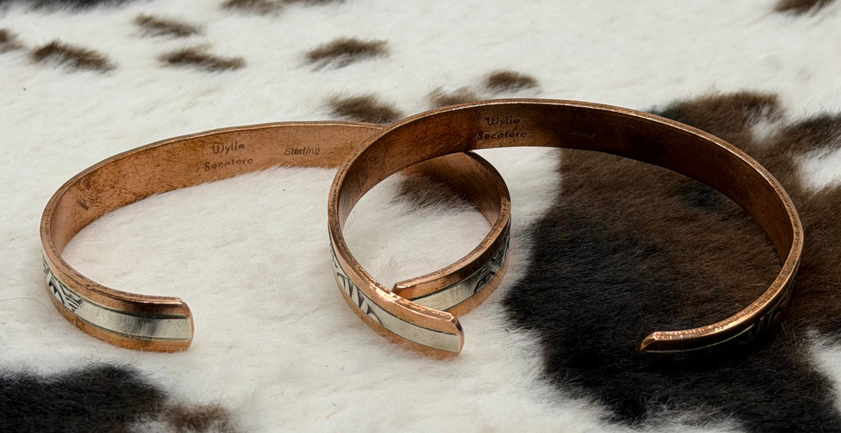Navajo Handmade Sterling and Copper Cuff Bracelets by Wylie Secatero