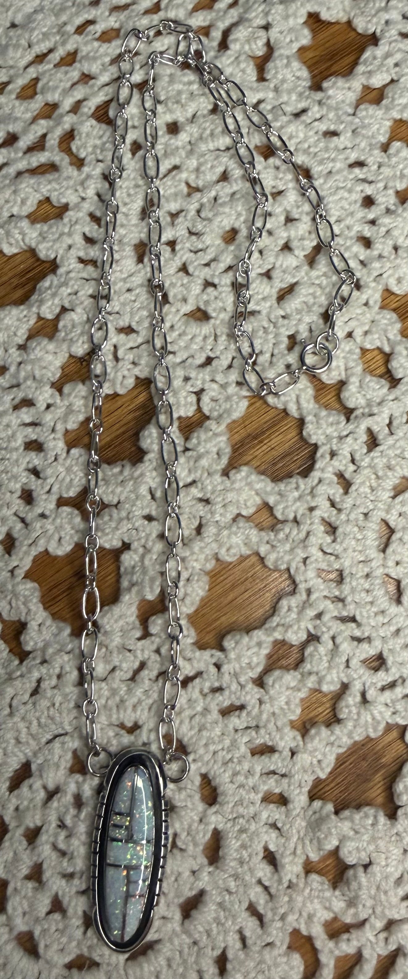 Navajo Made Opal Inlay Necklace By Edward Johnson 20”