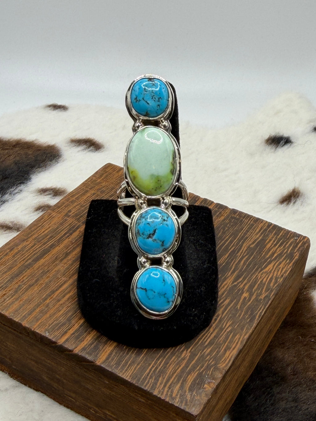 Navajo Handmade Palomino and Kingman Turquoise Crawler Ring by Junior Begay Size 8