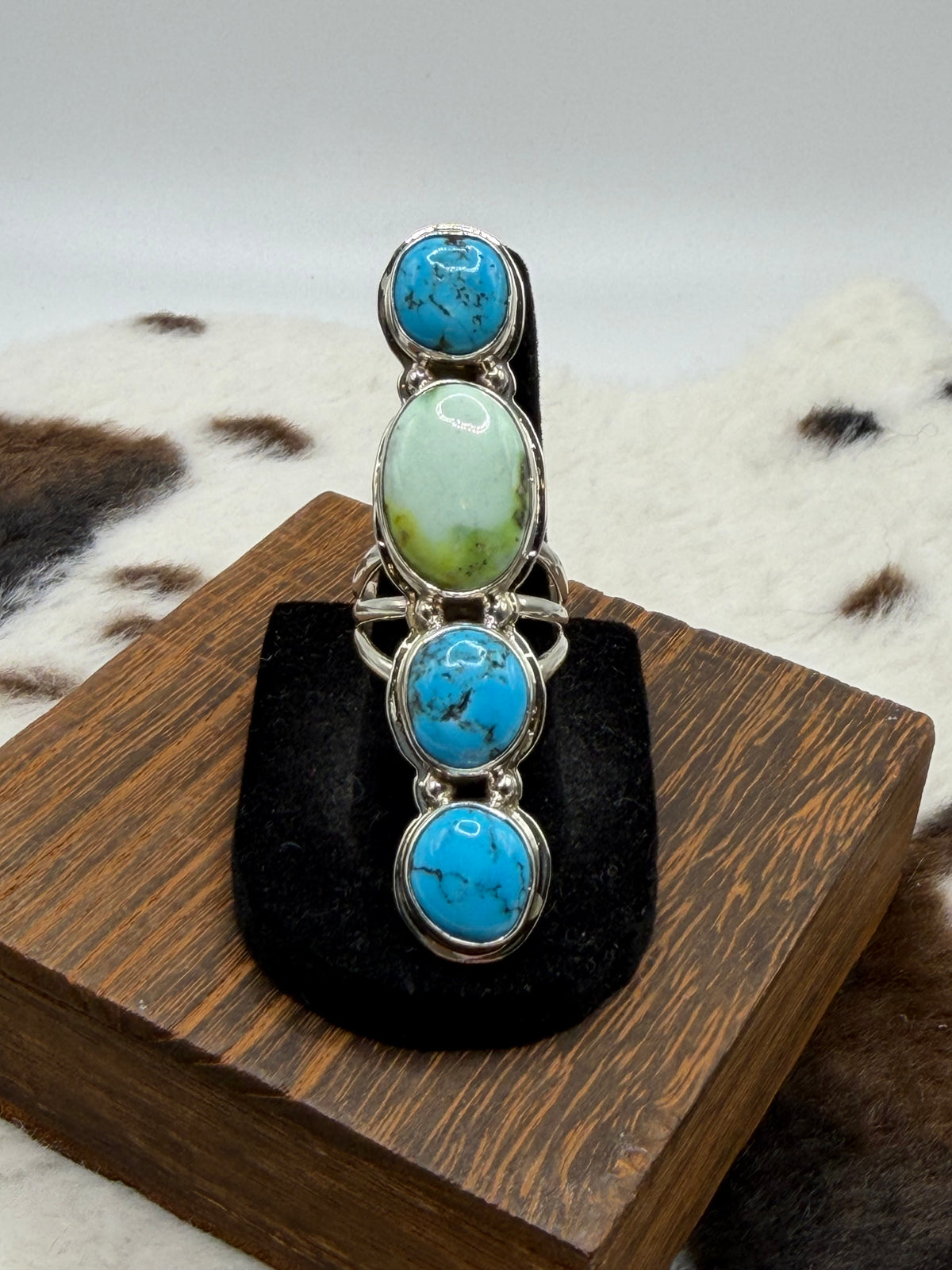 Navajo Handmade Palomino and Kingman Turquoise Crawler Ring by Junior Begay Size 8