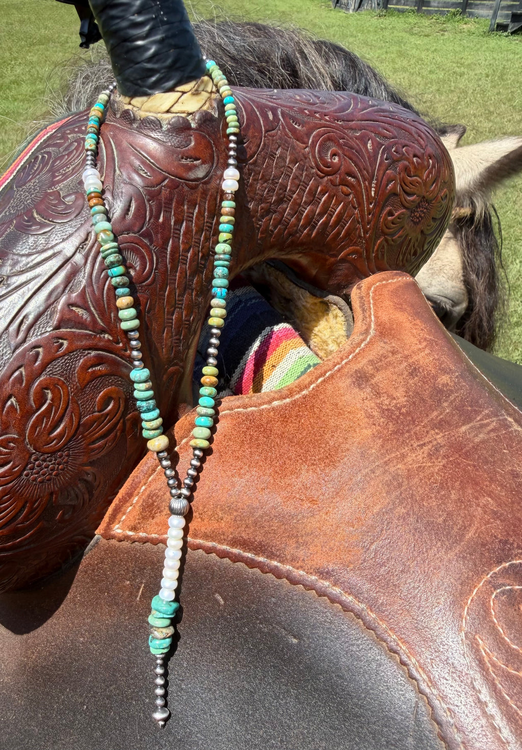 Machine Made Pearl, Turquoise, and Pearl Lariat Necklace