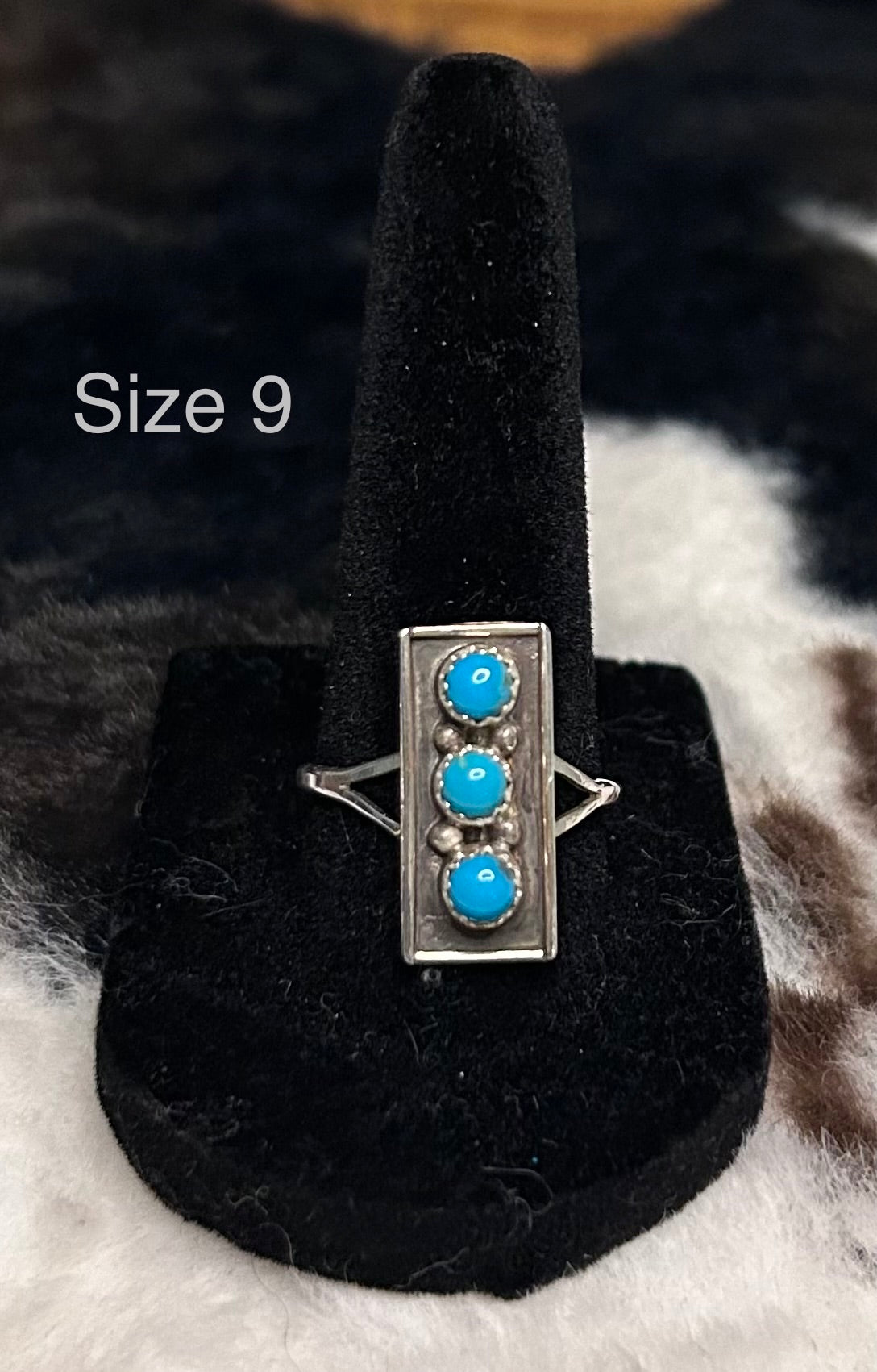 Navajo Handmade Kingman 3 stone turquoise ring by Theresa Kinsel