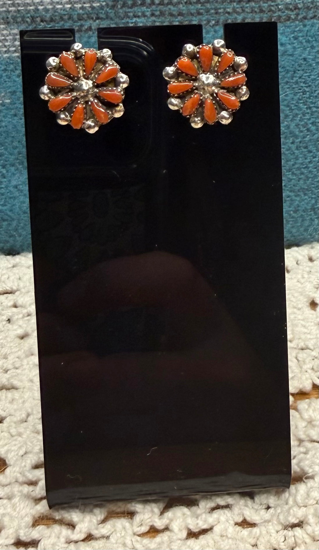 Zuni Made Small Coral Cluster Earrings by David Leekity