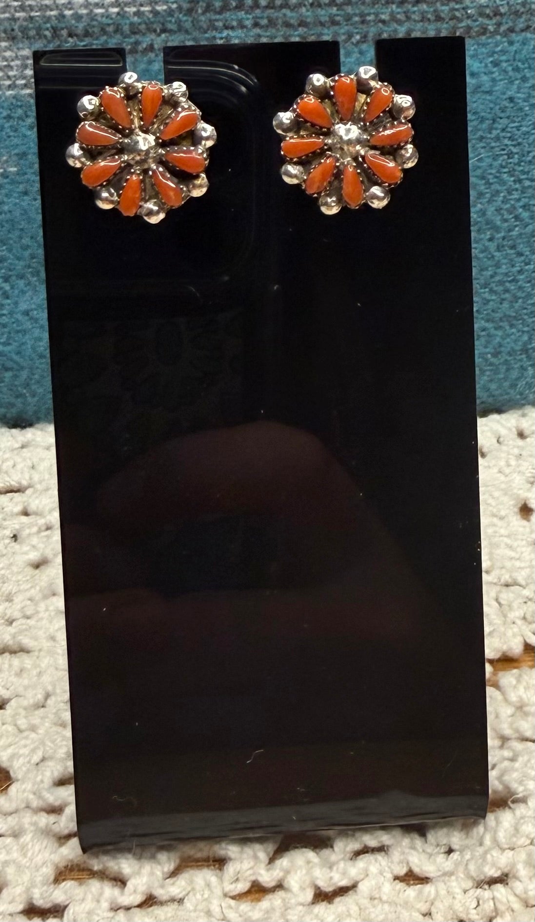 Zuni Made Small Coral Cluster Earrings by David Leekity