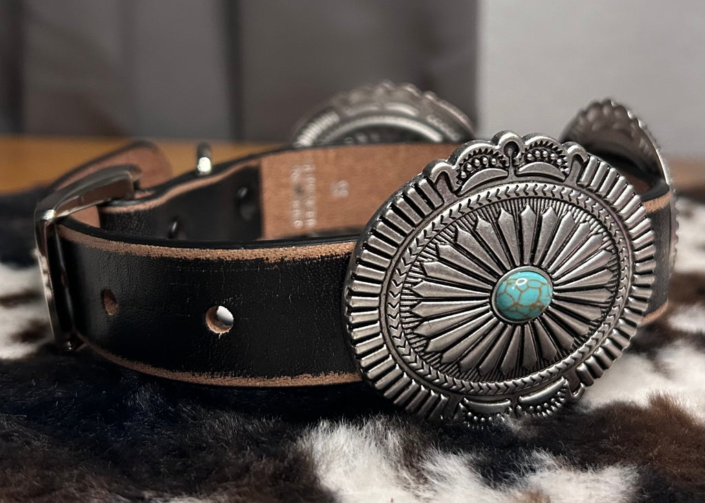 Genuine Distressed Leather Dog Collar with Western Style Concho