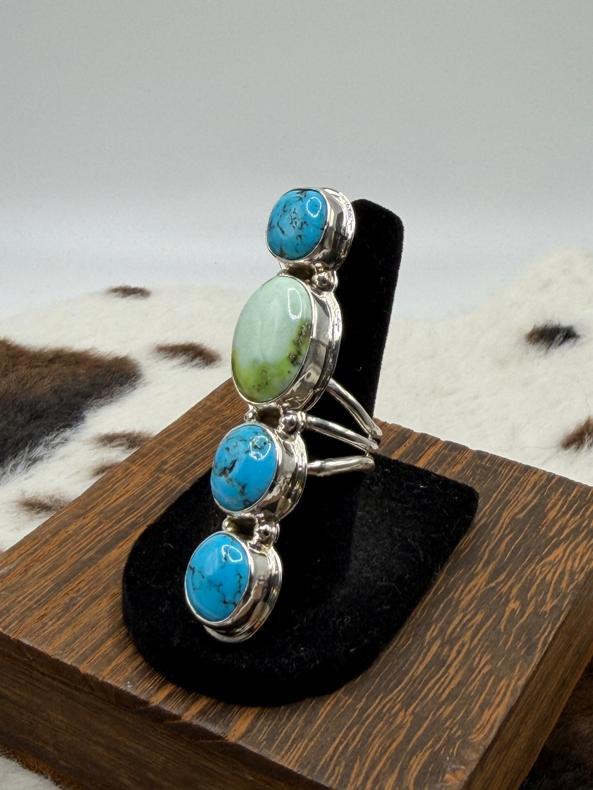 Navajo Handmade Palomino and Kingman Turquoise Crawler Ring by Junior Begay Size 8