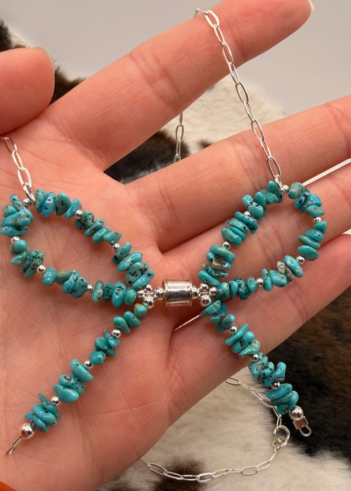 Navajo Handmade Bow Machine Made pearl and Turquoise Necklace by Larry Curley