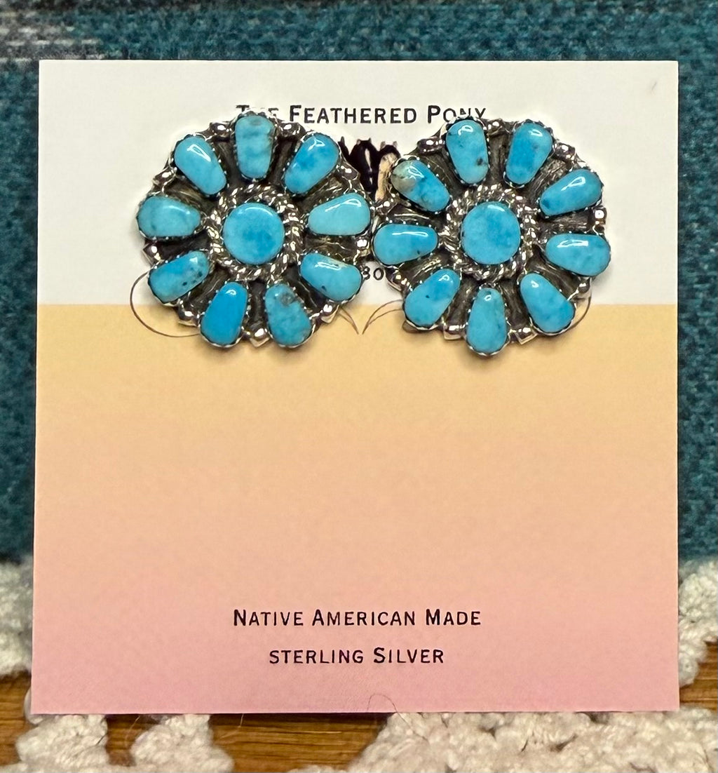 Navajo Made Kingman Turquoise Cluster Earrings by Jason Benally