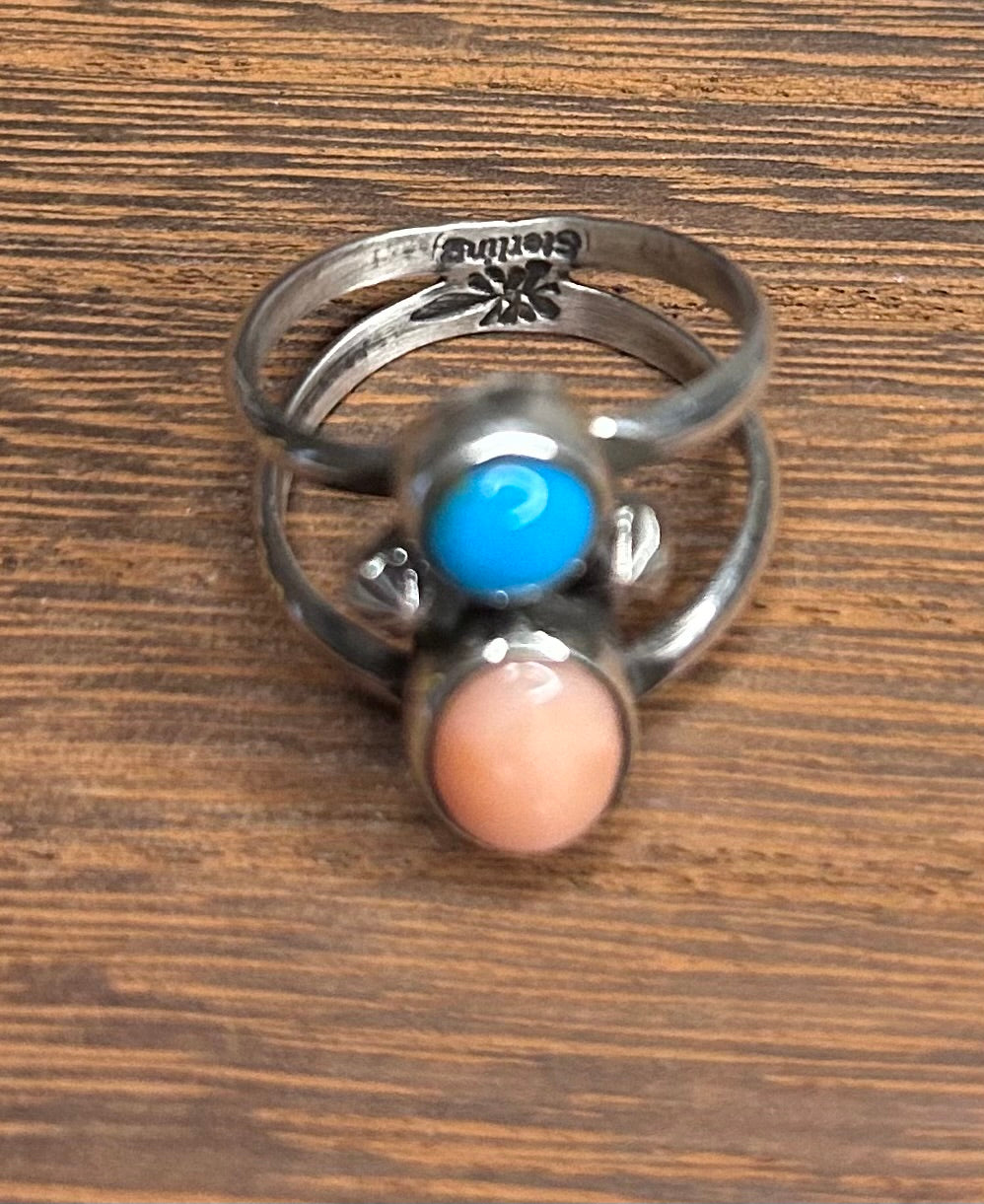 Navajo Handmade Pink Coral and Turquoise Ring by Adrian Yazzie