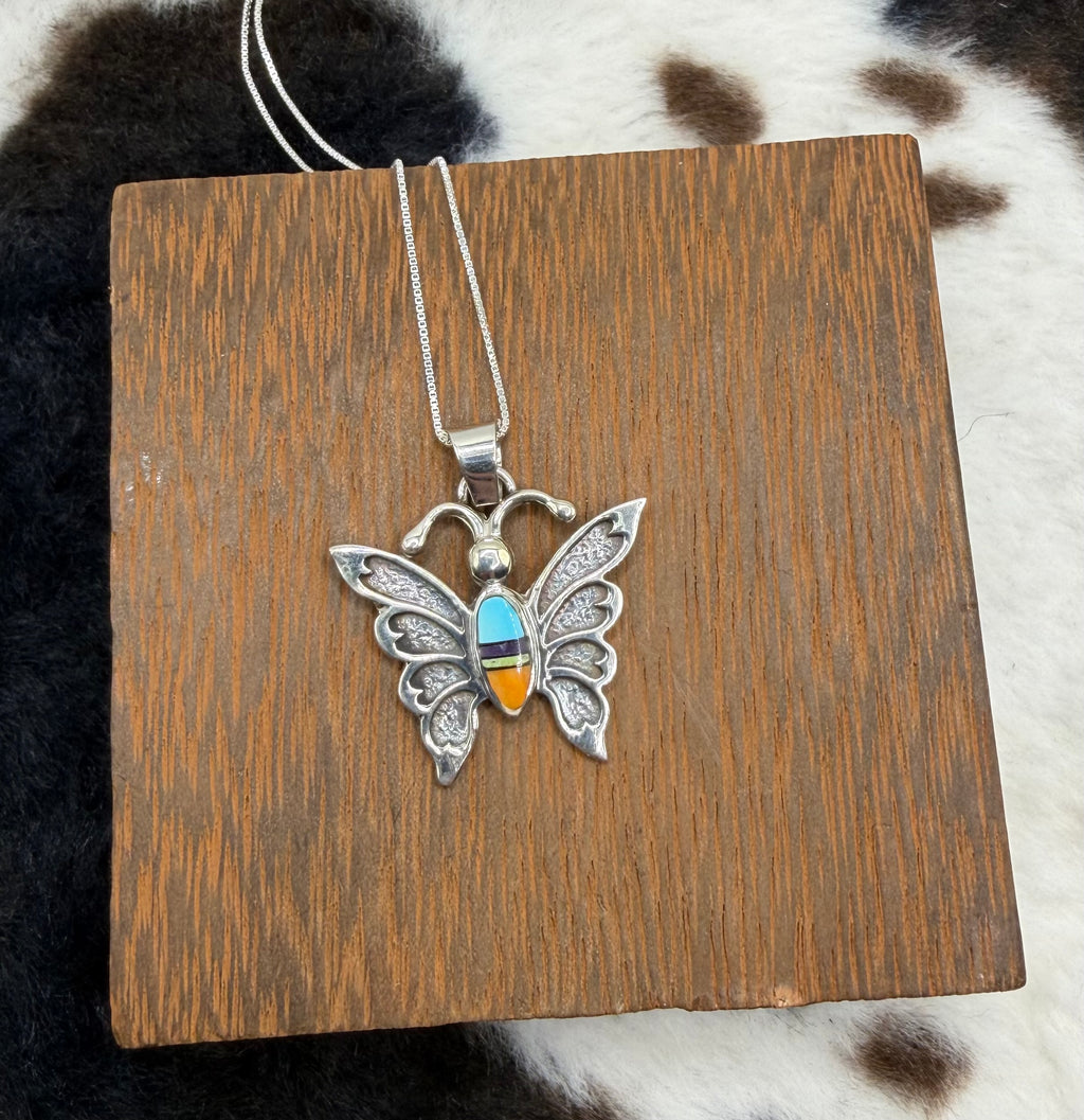 Navajo Made Inlay Multi Stone Butterfly Necklace by Ervin Hoskie