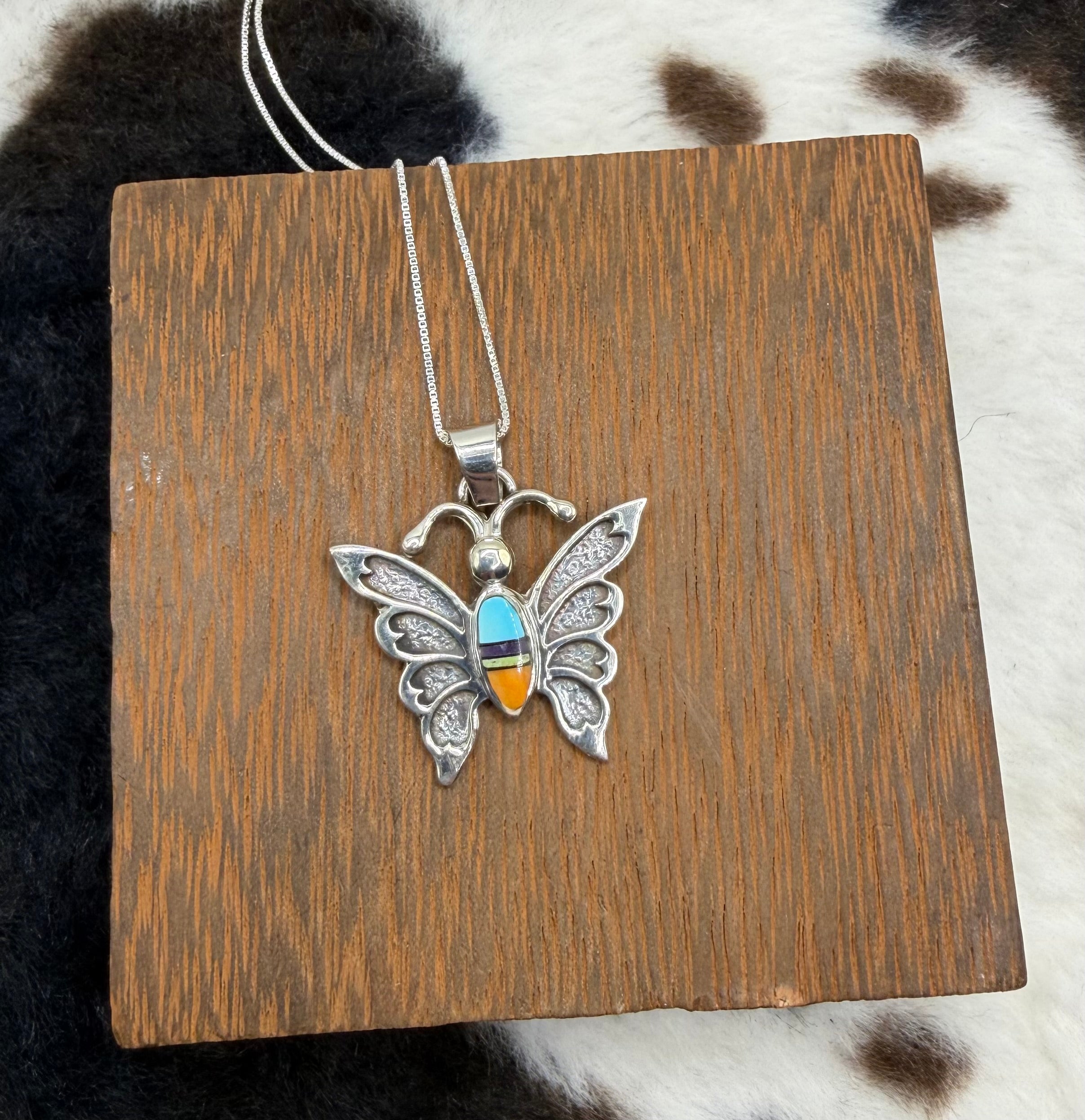 Navajo Made Inlay Multi Stone Butterfly Necklace by Ervin Hoskie